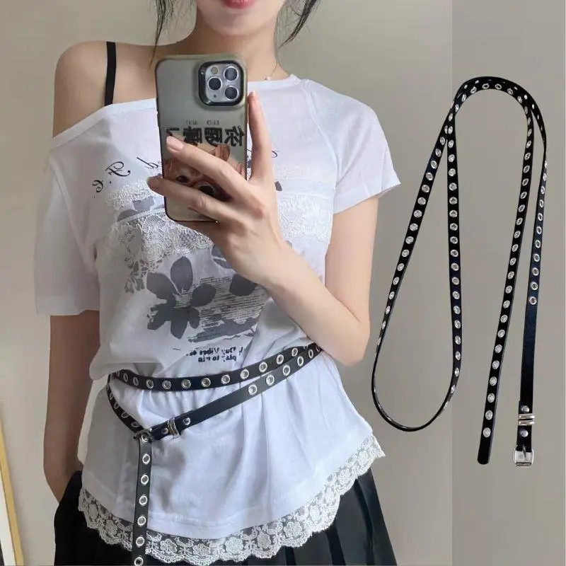 Korean Double Layer Belt Rivet Eyelet PU Leather Belt Waist Decorative Thin Belts Knotted Extra Long Thin Waistband Hole Belt