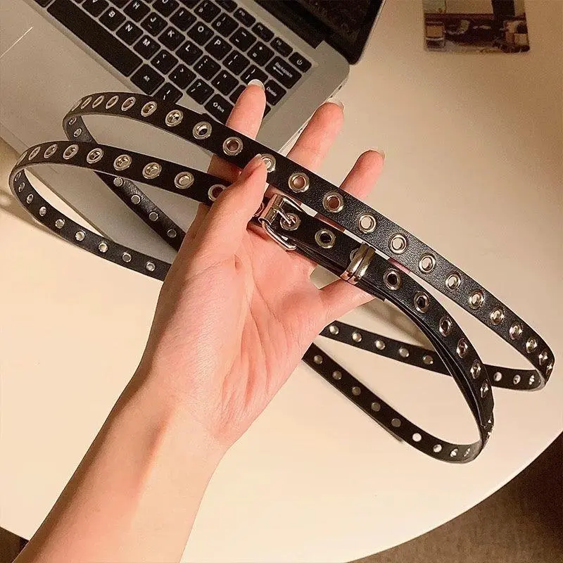 Korean Double Layer Belt Rivet Eyelet PU Leather Belt Waist Decorative Thin Belts Knotted Extra Long Thin Waistband Hole Belt