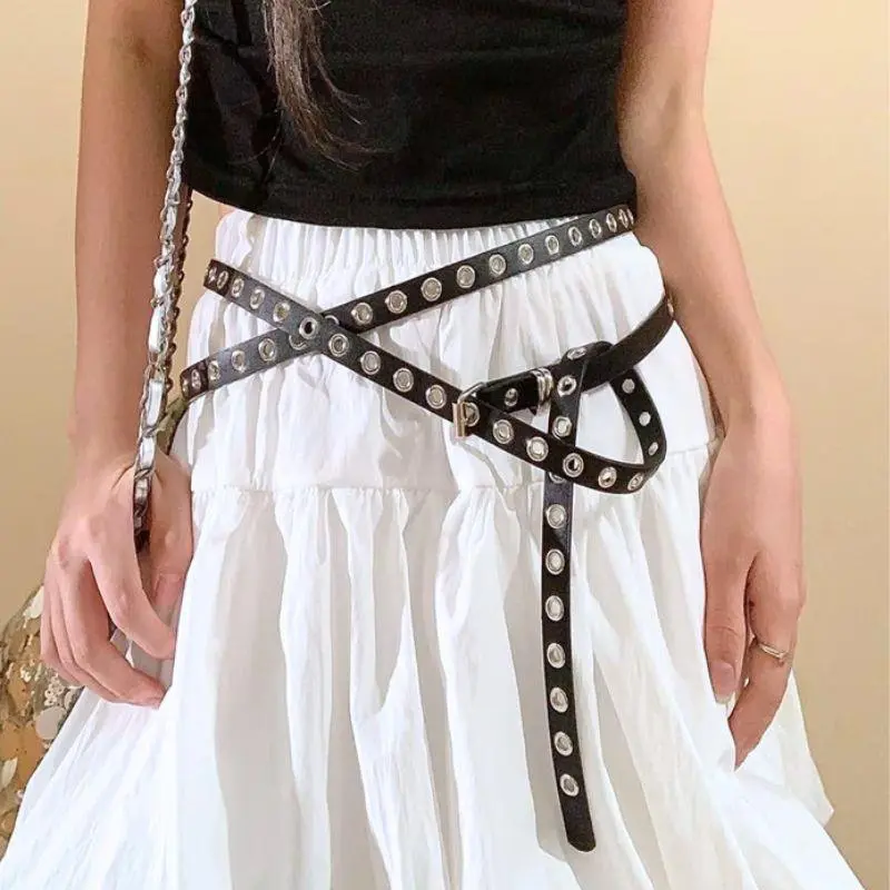 Korean Double Layer Belt Rivet Eyelet PU Leather Belt Waist Decorative Thin Belts Knotted Extra Long Thin Waistband Hole Belt