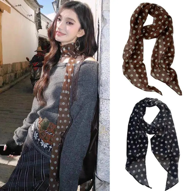 2025 Trendy Women Summer Black Brown Polka Dot Scarf Neck Scarf Spring Fashion Hair Band Neck Protection Small Scarf shawl