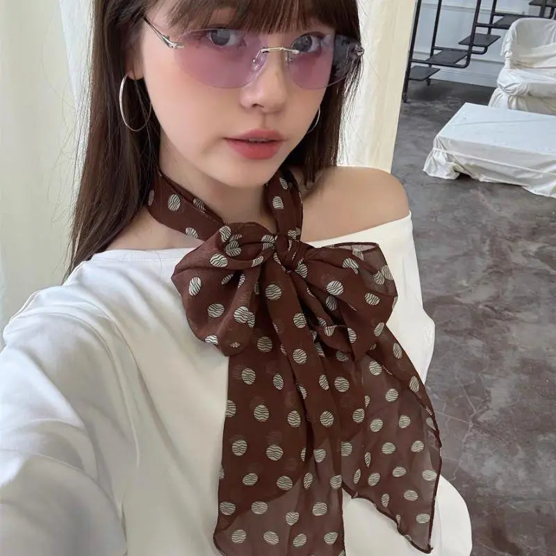 2025 Trendy Women Summer Black Brown Polka Dot Scarf Neck Scarf Spring Fashion Hair Band Neck Protection Small Scarf shawl