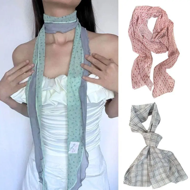 Y2k Women Long Scarf 140cm Silk Bag Ribbon Headbands Choker Floral Lace Scarf Ins Long Ribbon Scarf Shawl Thin Headscarf