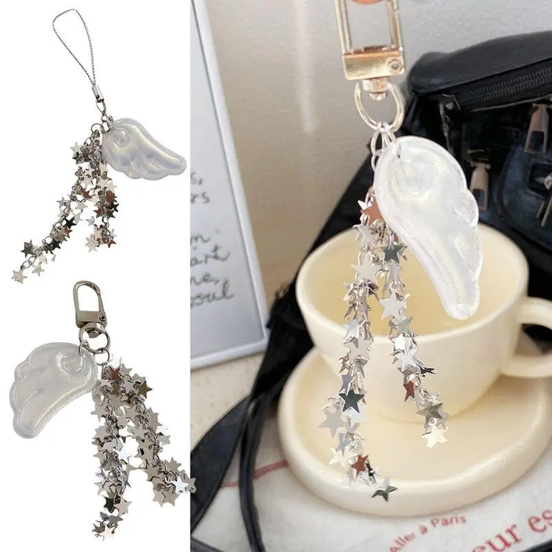 Y2K Wings Stars Bead Bow Lanyard Door Buckle Mobile Phone Strap Key Chain Pendant Key Chain Five-Pointed Star Key Chain