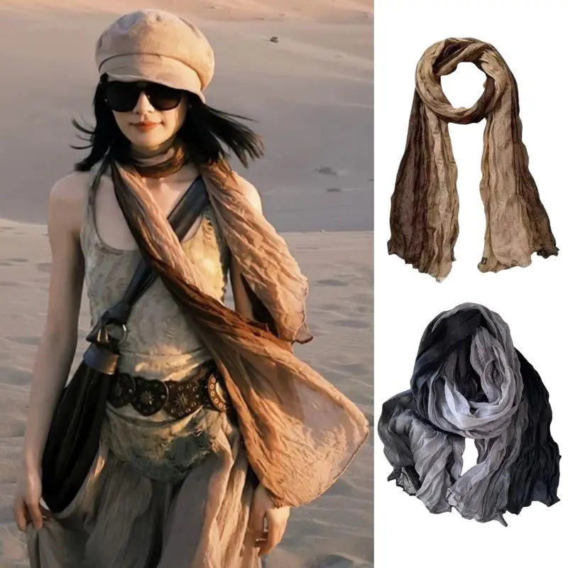 HOT Gradient Cotton Hemp Scarf 180x90cm Autumn Winter Versatile Women's Long Pleated Shawl DIY Wasteland Style Long Hijab Scarf