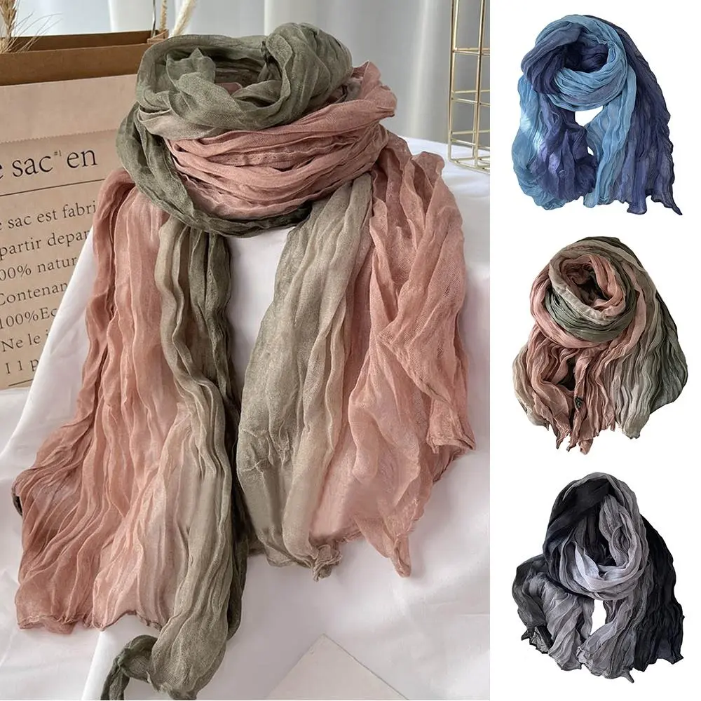 HOT Gradient Cotton Hemp Scarf 180x90cm Autumn Winter Versatile Women's Long Pleated Shawl DIY Wasteland Style Long Hijab Scarf