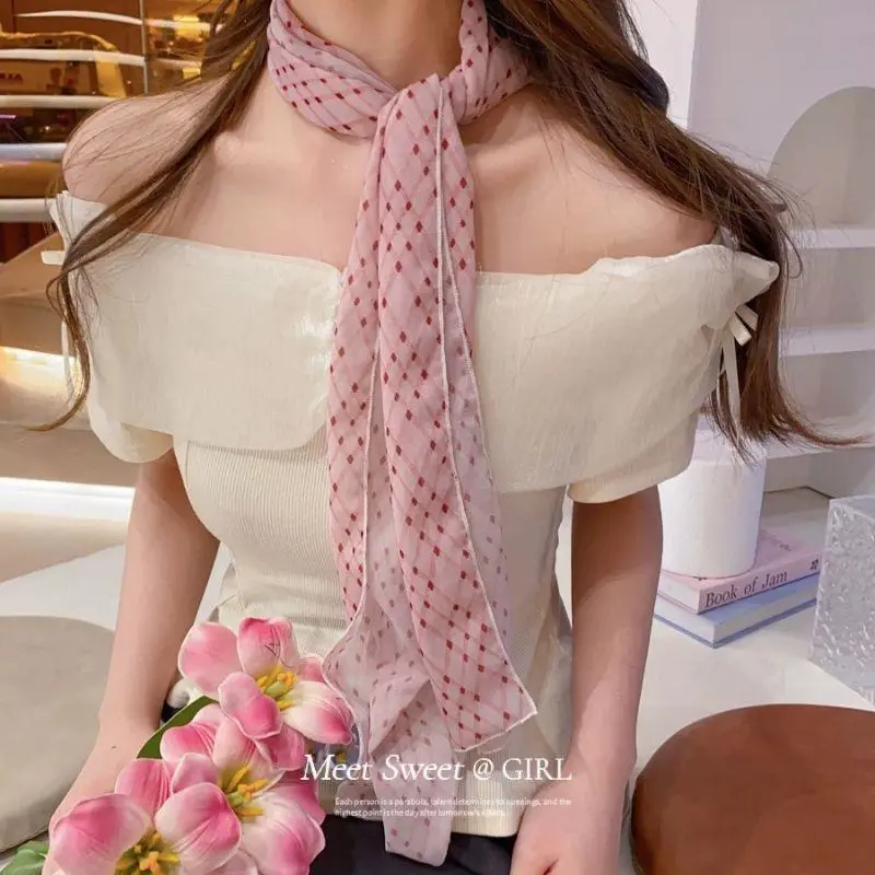 140cm Y2k Women Long Scarf Silk Bag Ribbon Headbands Choker Floral Lace Scarf Ins Long Ribbon Scarf Shawl Thin Headscarf
