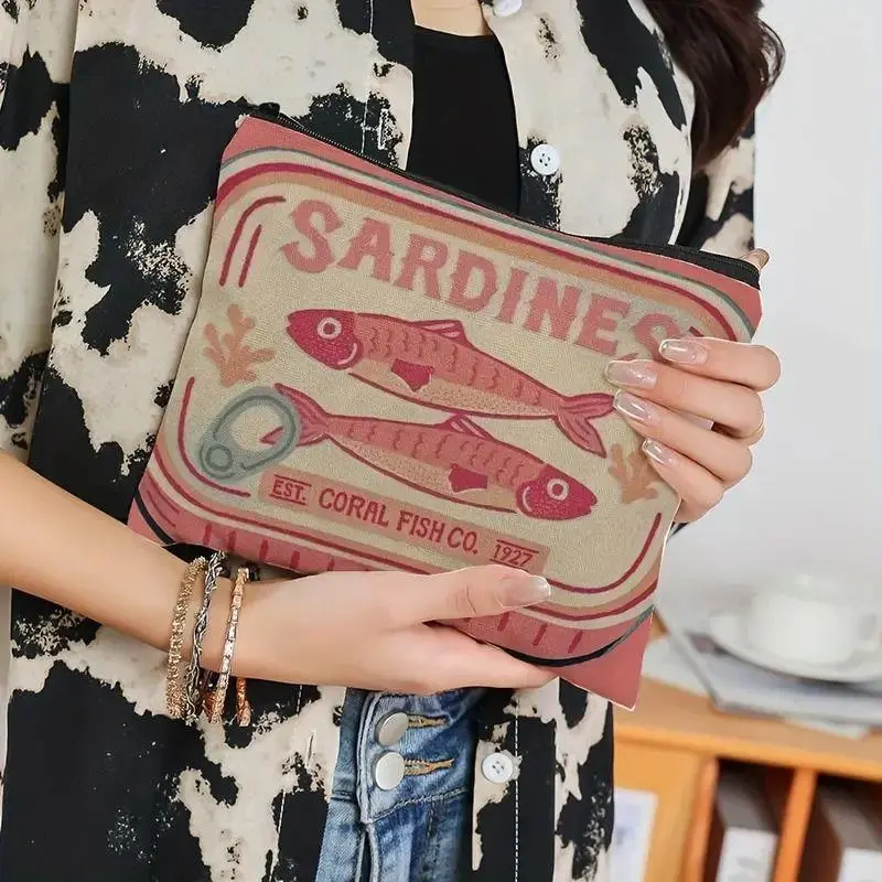 Foldable Vintage Sardines Makeup Bag With Zipper Lightweight Travel Cosmetic Organizer Women Durable Storage Bag Change Purse