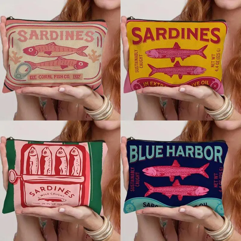 Foldable Vintage Sardines Makeup Bag With Zipper Lightweight Travel Cosmetic Organizer Women Durable Storage Bag Change Purse