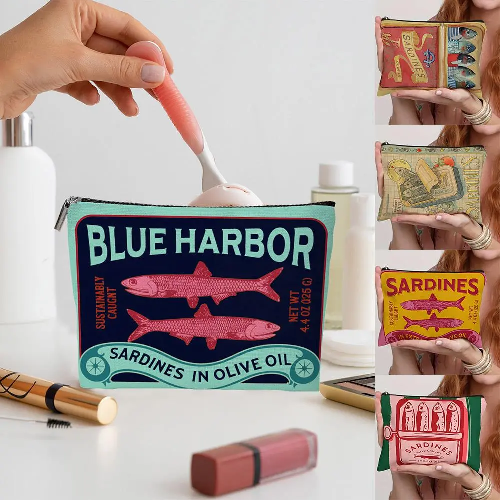 Foldable Vintage Sardines Makeup Bag With Zipper Lightweight Travel Cosmetic Organizer Women Durable Storage Bag Change Purse