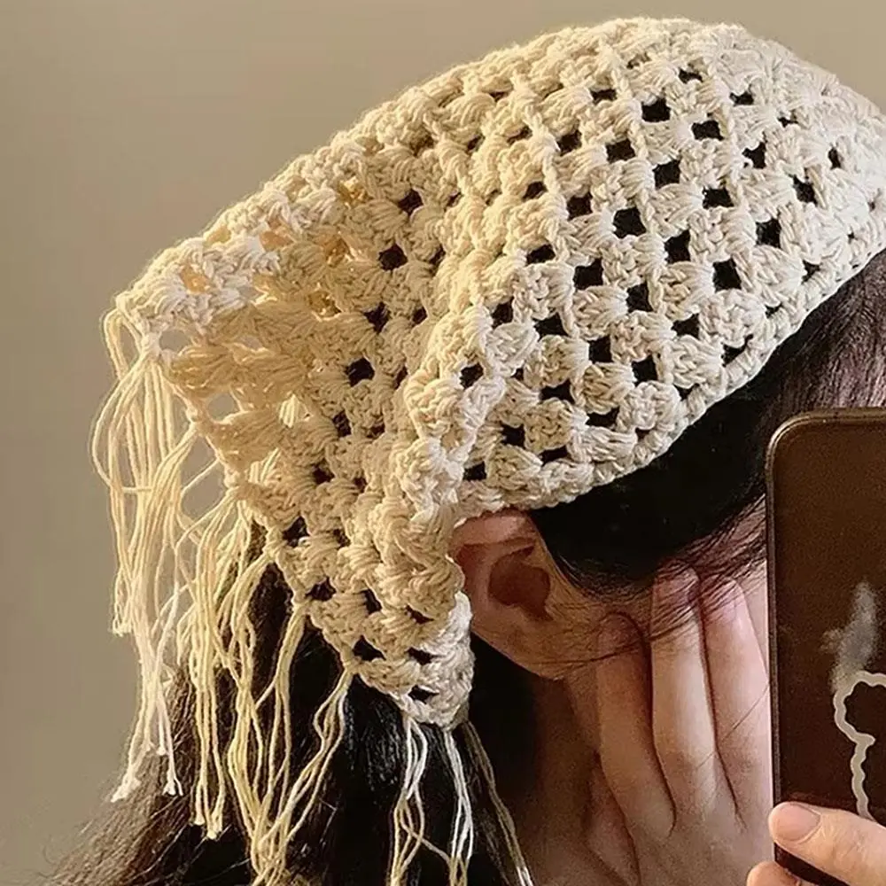 French Hollow Triangle Headband Towel For Women Beige Crochet Headbands Bandana Summer Travel Literary Photo Hair Scarf Bands