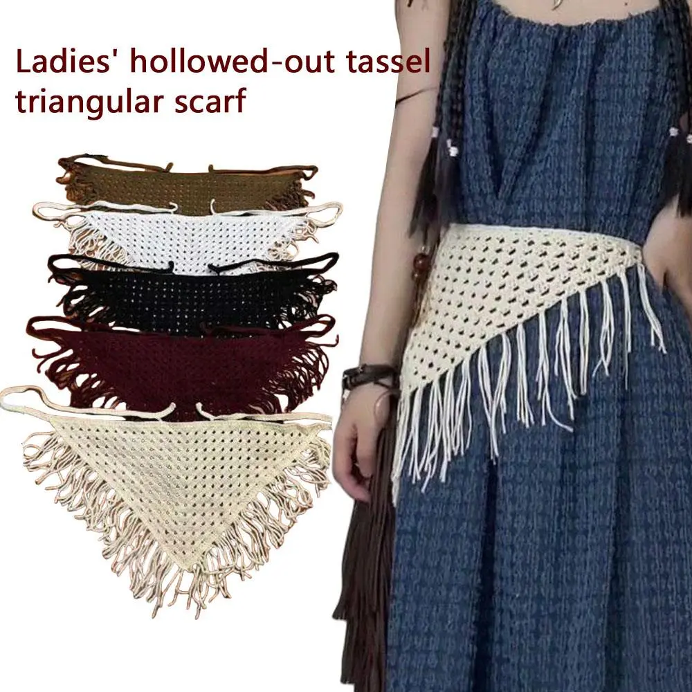 French Hollow Triangle Headband Towel For Women Beige Crochet Headbands Bandana Summer Travel Literary Photo Hair Scarf Bands