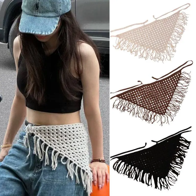 French Hollow Triangle Headband Towel For Women Beige Crochet Headbands Bandana Summer Travel Literary Photo Hair Scarf Bands