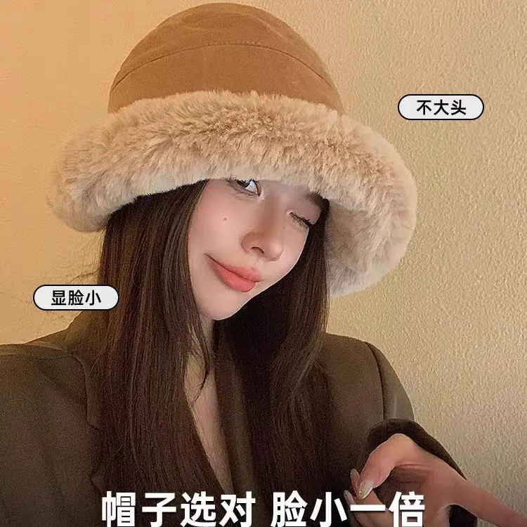Women Winter Furry Bucket Hat Rolled Brim Faux Fur Cloche Hat With Fleece Lining Autumn And Winter Windproof Warm Hat Fisherman