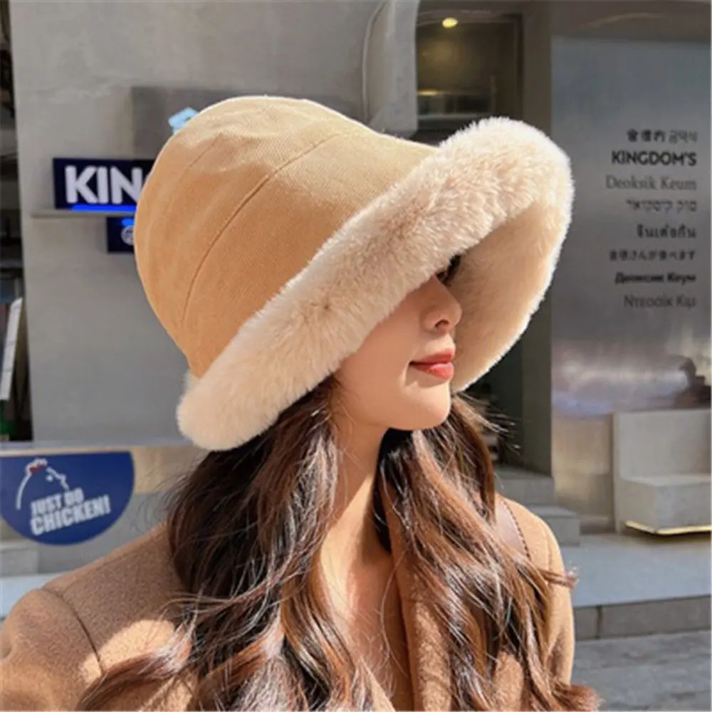 Women Winter Furry Bucket Hat Rolled Brim Faux Fur Cloche Hat With Fleece Lining Autumn And Winter Windproof Warm Hat Fisherman