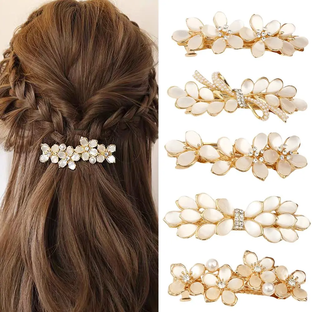 Elegant White Opal Flower Hair Barrette Hairpin Rhinestone Zircon Spring Hair Clip Bridal Hair Accessory Pearl French Hair Claw