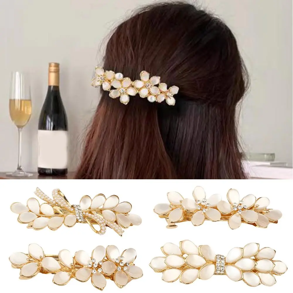 Elegant White Opal Flower Hair Barrette Hairpin Rhinestone Zircon Spring Hair Clip Bridal Hair Accessory Pearl French Hair Claw