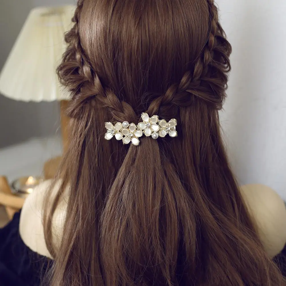 Elegant White Opal Flower Hair Barrette Hairpin Rhinestone Zircon Spring Hair Clip Bridal Hair Accessory Pearl French Hair Claw