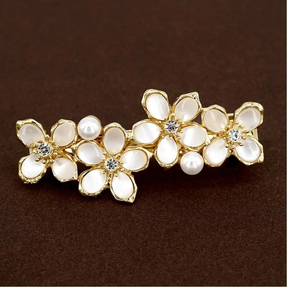 Elegant White Opal Flower Hair Barrette Hairpin Rhinestone Zircon Spring Hair Clip Bridal Hair Accessory Pearl French Hair Claw
