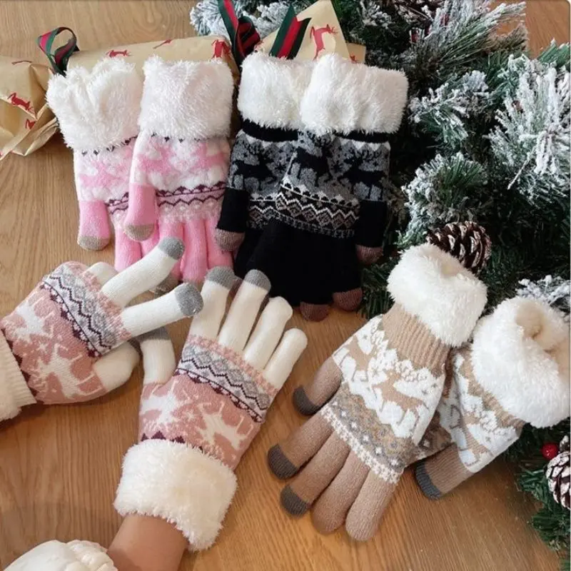 Christmas Reindeer Jacquard Knit Gloves Thick Winter Gloves For Women Snowflake Knitted Full Finger Skiing Touch Screen Glove