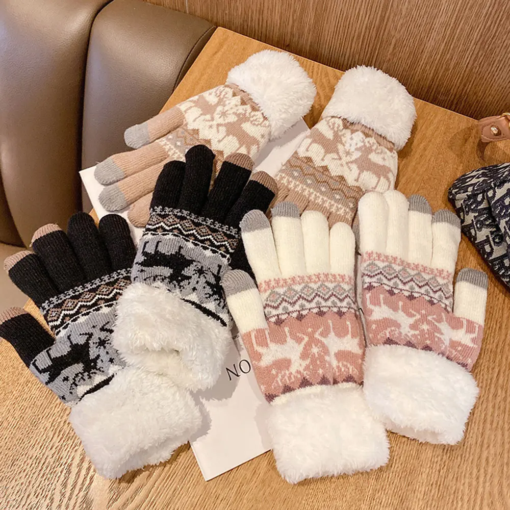 Christmas Reindeer Jacquard Knit Gloves Thick Winter Gloves For Women Snowflake Knitted Full Finger Skiing Touch Screen Glove