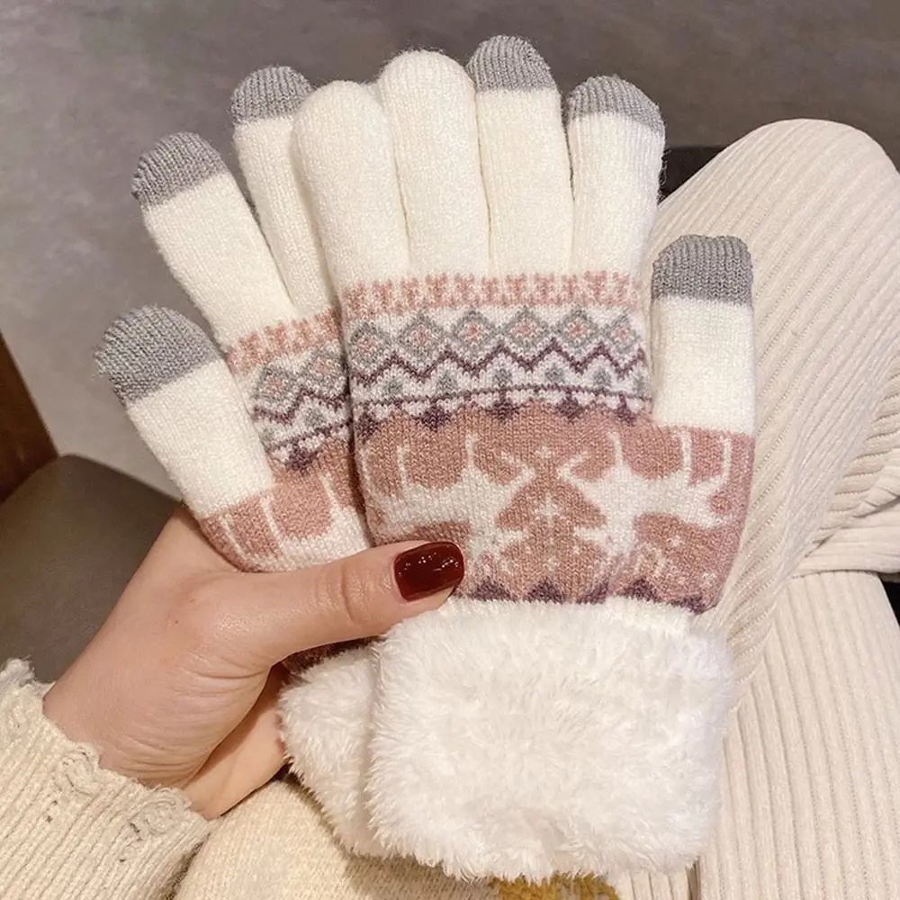 Christmas Reindeer Jacquard Knit Gloves Thick Winter Gloves For Women Snowflake Knitted Full Finger Skiing Touch Screen Glove