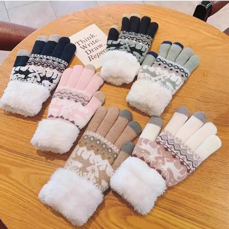 Christmas Reindeer Jacquard Knit Gloves Thick Winter Gloves For Women Snowflake Knitted Full Finger Skiing Touch Screen Glove