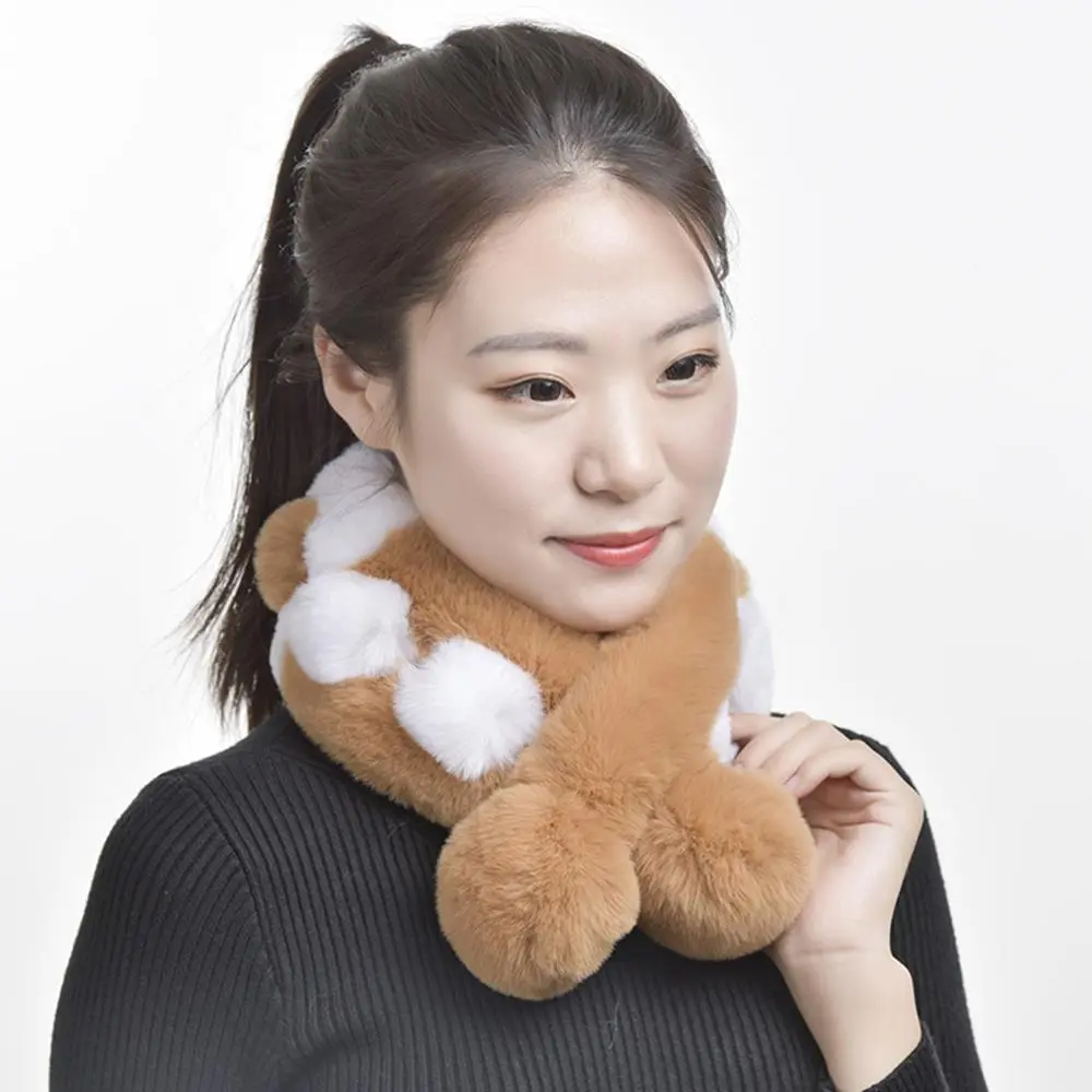 Girl Lolita Neckerchief Faux Rabbit Fur Sweet Plush Ball Furry Scarf Wrap Winter Neck Warmer Elegant Wedding Banquet Shawl