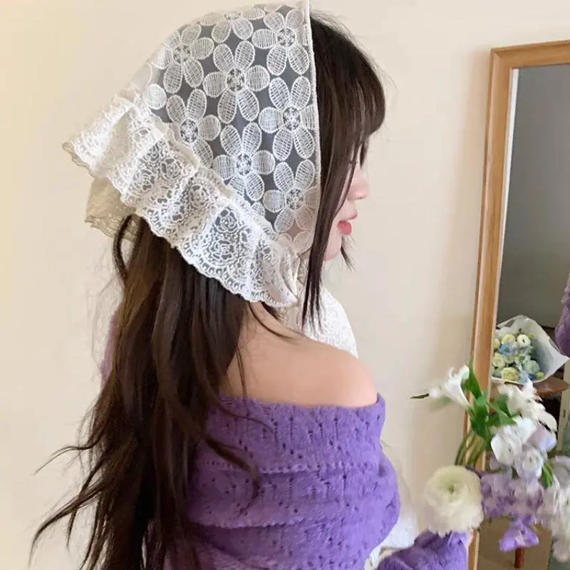 Korean Triangle Lace Ruffle Up Pleated Short Skirts One-Piece Belted Overlap Lace Skirt Apron INS Vintage Cake Skirt Headscarf