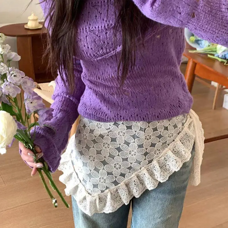 Korean Triangle Lace Ruffle Up Pleated Short Skirts One-Piece Belted Overlap Lace Skirt Apron INS Vintage Cake Skirt Headscarf