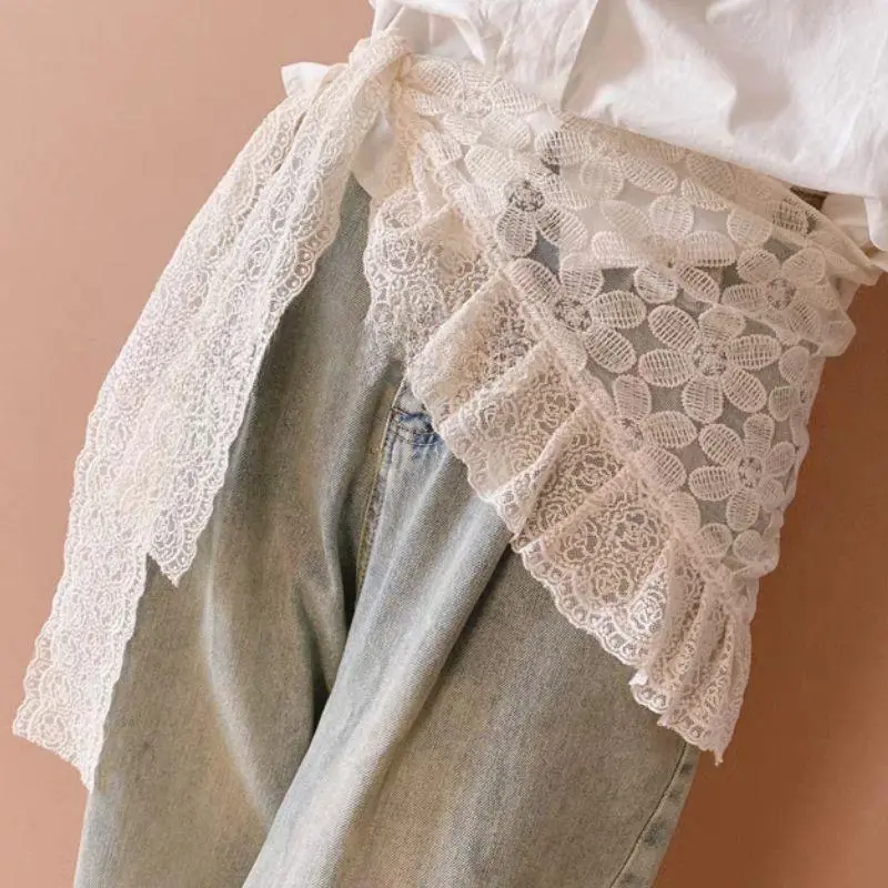 Korean Triangle Lace Ruffle Up Pleated Short Skirts One-Piece Belted Overlap Lace Skirt Apron INS Vintage Cake Skirt Headscarf