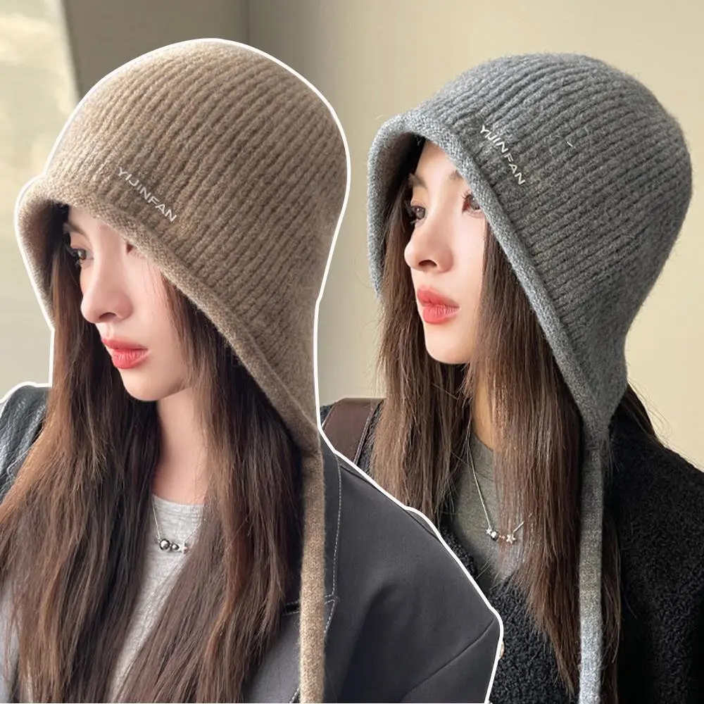 Autumn Women's Fashion Plush Ear Protection Cap Balaclava Hat Warm Women Knitted Pullover Hat Y2k Solid Outdoor Drawstring Hats
