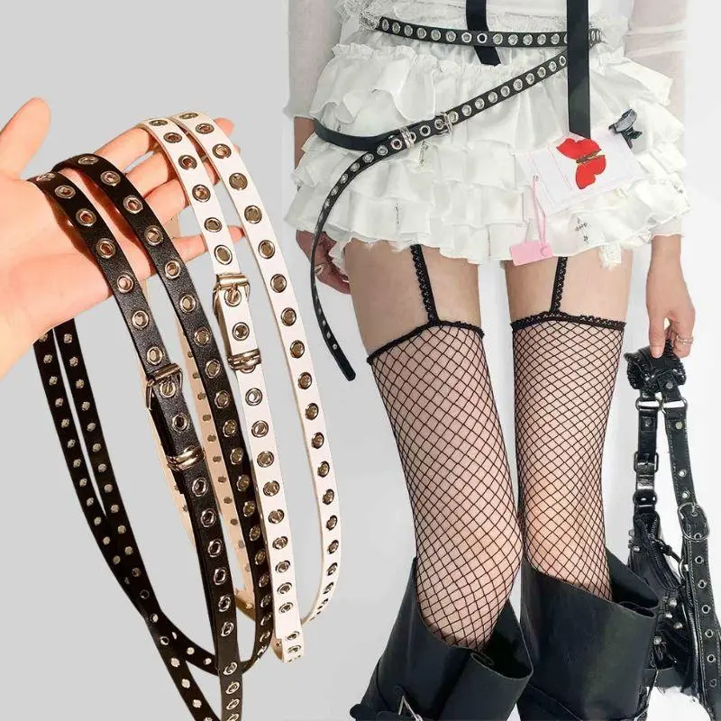 Rivet Eyelet DIY PU Leather Waist Belt Double Circle Waist Chain Double Circle Belt For Women Knotted Extra Long Thin Waistband
