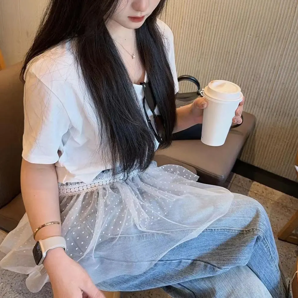 INS Lace Trim One-Piece Belted Overlap Lace Skirt Apron Korean Women's A-Line Skirt Layered Gauze Skirt With Tie Up Half Skirt