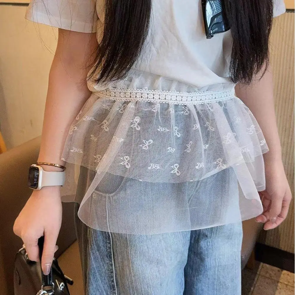 INS Lace Trim One-Piece Belted Overlap Lace Skirt Apron Korean Women's A-Line Skirt Layered Gauze Skirt With Tie Up Half Skirt