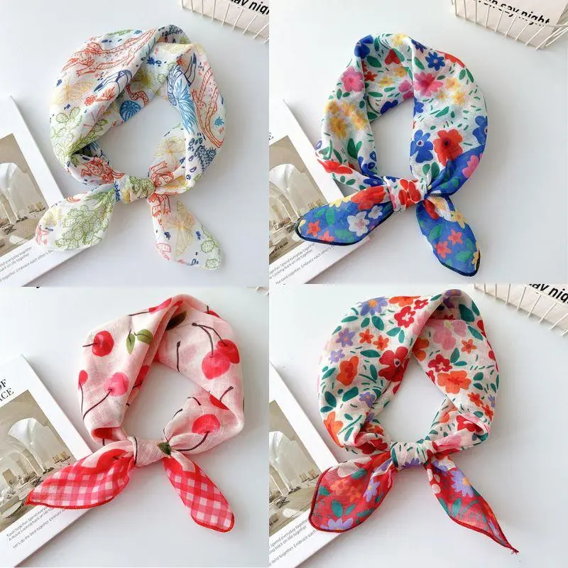 HOT Floral Print Square Scarf 58*58Cm Small Neckerchief Women Cotton Linen Elegant Neck Scarves Bandana Decorative Head Scarfs