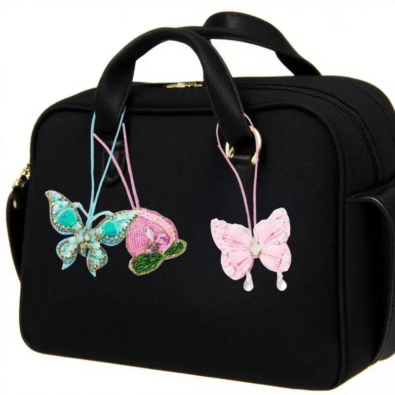 3D Handmade Rhinestone Beaded Coconut Tree, Butterfly Hanging Rope Patches Crystal Bag Lanyard Patch Beading Applique Patch