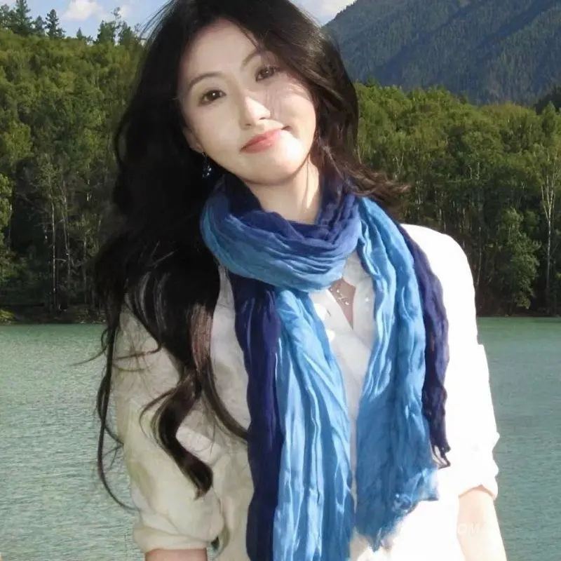 180x90cm Scarf Gradient Cotton Hemp Scarf Blue Autumn Winter Pleated Shawl Long Fold Wrinkle Scarves Soft Tie-dye Headscarf