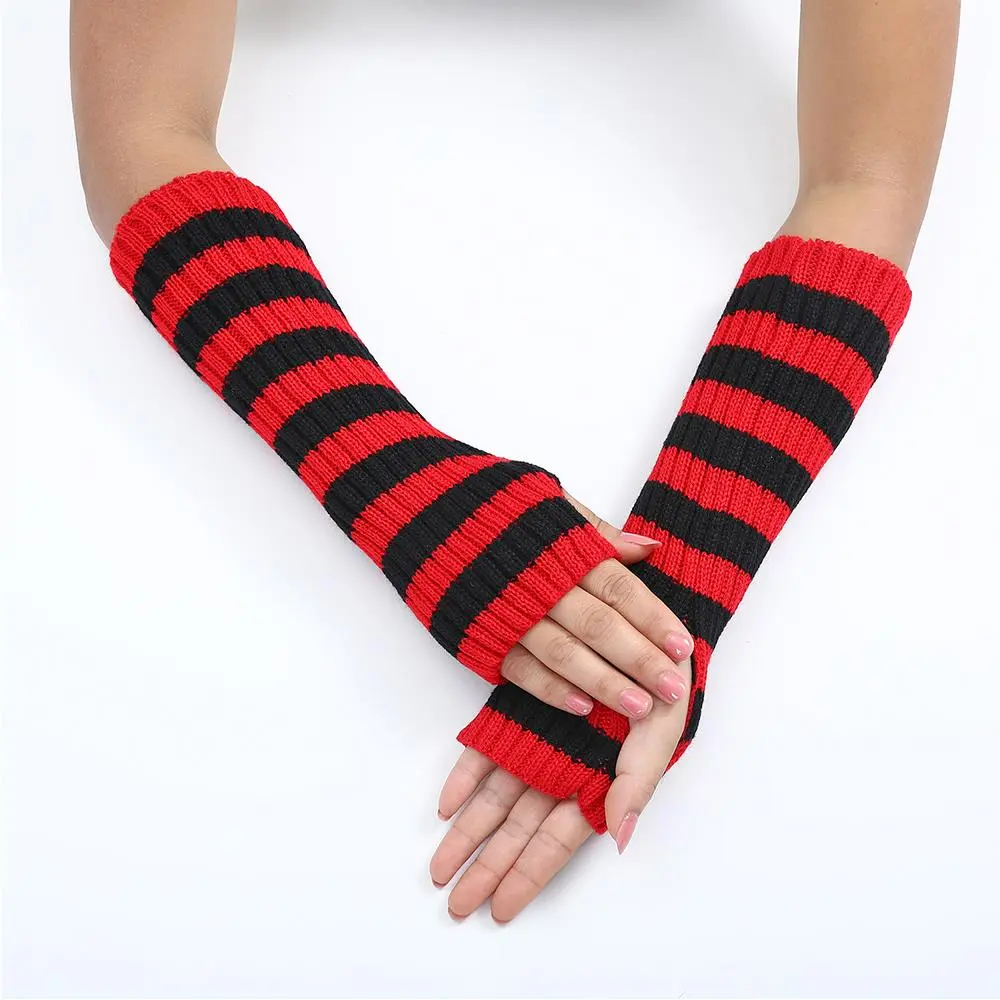Y2K Striped Women's Knitted Fingerless Arm Sleeves Halloween Christmas Gothic Long Arm Warmers Harajuku Winter Arm Warmers