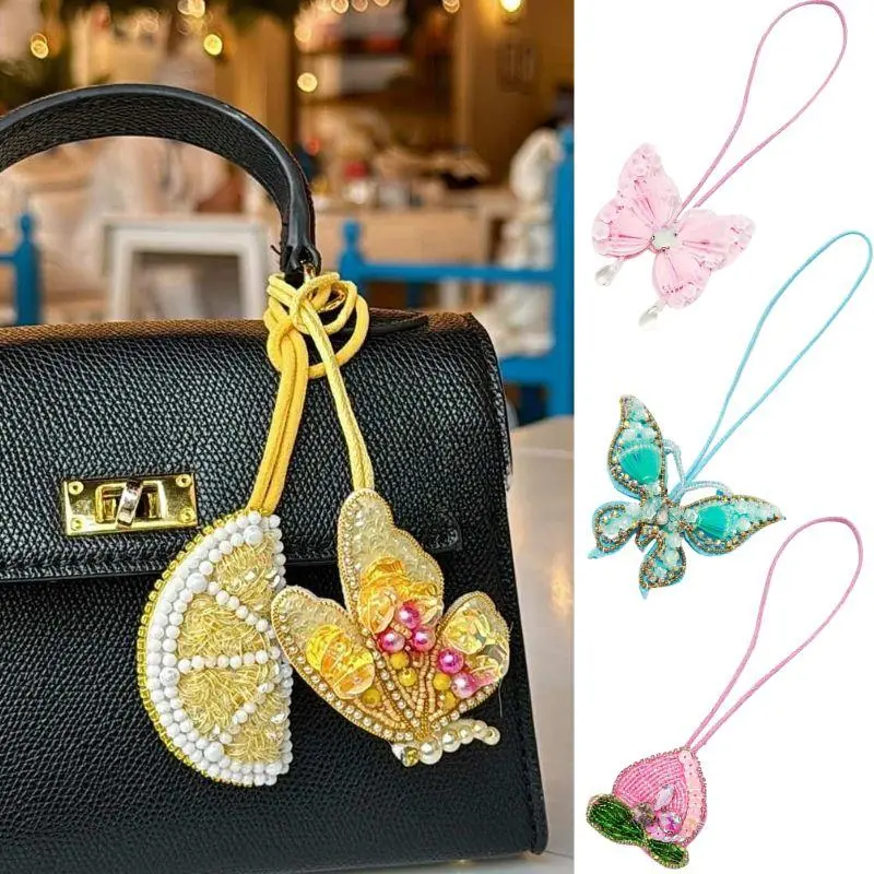 3D Handmade Rhinestone Beaded Coconut Tree, Butterfly Hanging Rope Patches Crystal Bag Lanyard Patch Beading Applique Patch