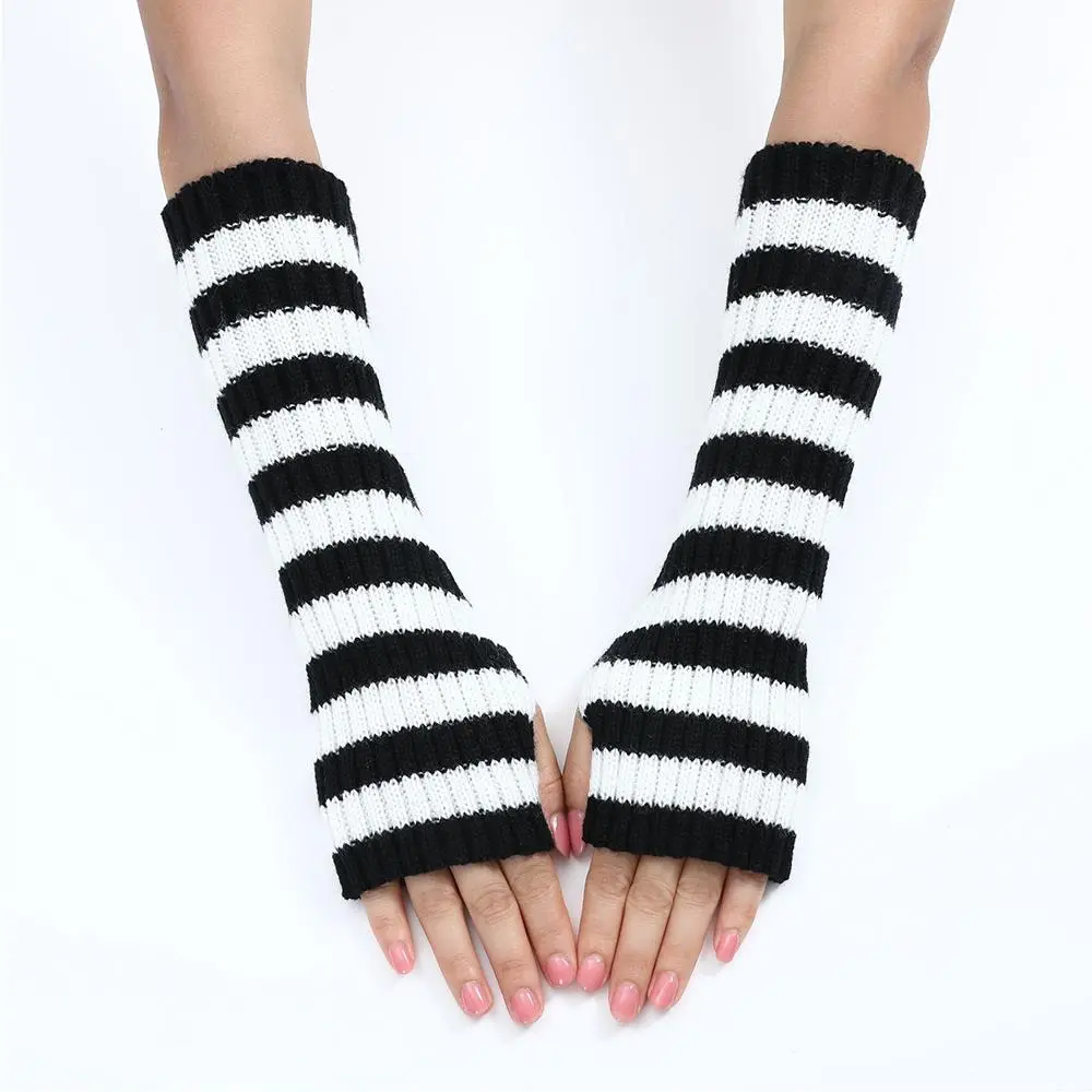 Y2K Striped Women's Knitted Fingerless Arm Sleeves Halloween Christmas Gothic Long Arm Warmers Harajuku Winter Arm Warmers