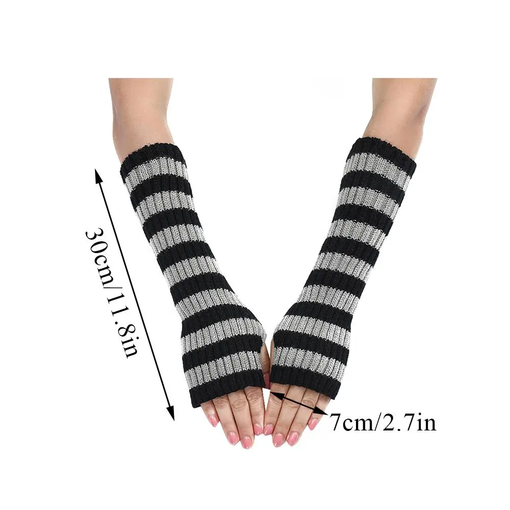 Y2K Striped Women's Knitted Fingerless Arm Sleeves Halloween Christmas Gothic Long Arm Warmers Harajuku Winter Arm Warmers