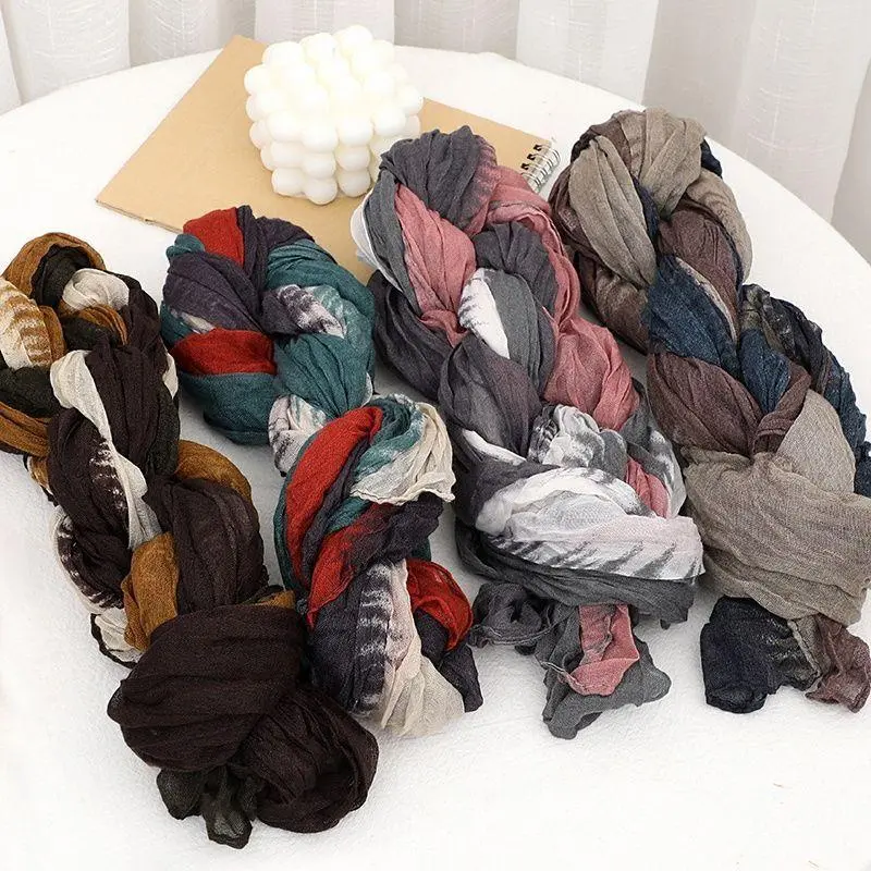 New Female Long Fold Scarf Retro Scarf Cotton Hemp Tie-dye Gradient Shawl Spring Autumn Twist Scarf Wrinkle Gradient Hijab Scarf