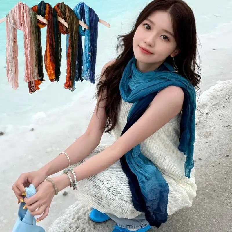 New Female Long Fold Scarf Retro Scarf Cotton Hemp Tie-dye Gradient Shawl Spring Autumn Twist Scarf Wrinkle Gradient Hijab Scarf