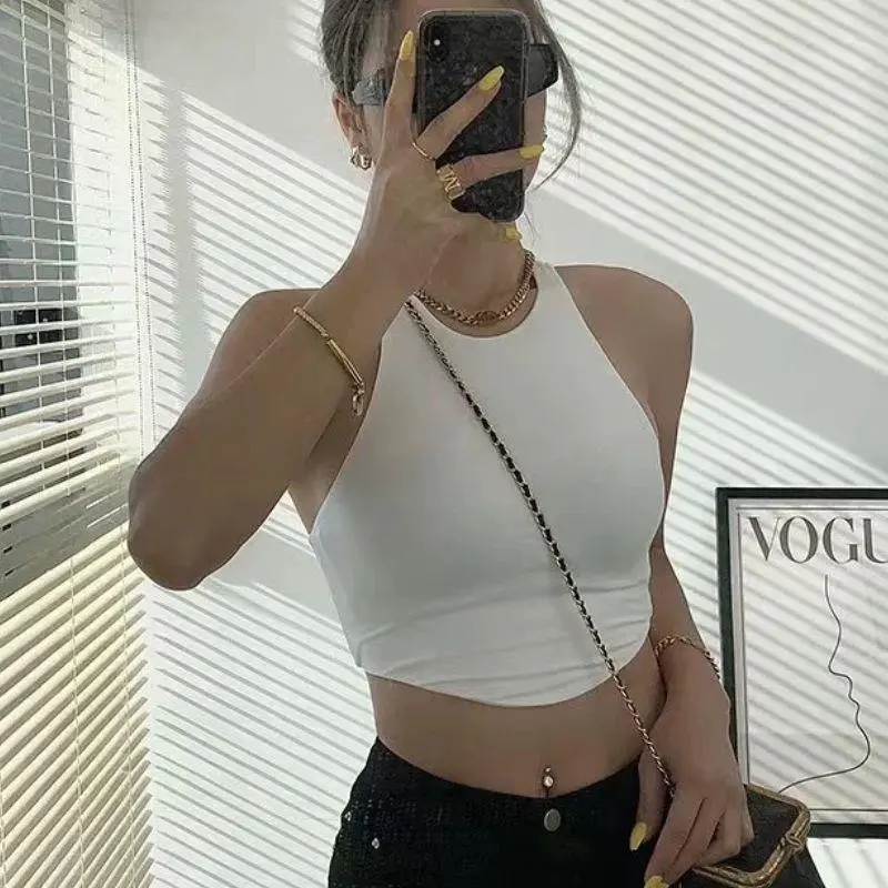 Summer Women Tank Tops Camisole  With Padded Bra Solid Color Sexy Off Shoulder O Neck Elastic Sport Vest  Push Up Base Shirt
