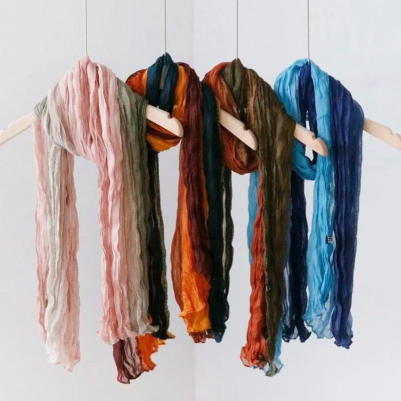 New Female Long Fold Scarf Retro Scarf Cotton Hemp Tie-dye Gradient Shawl Spring Autumn Twist Scarf Wrinkle Gradient Hijab Scarf