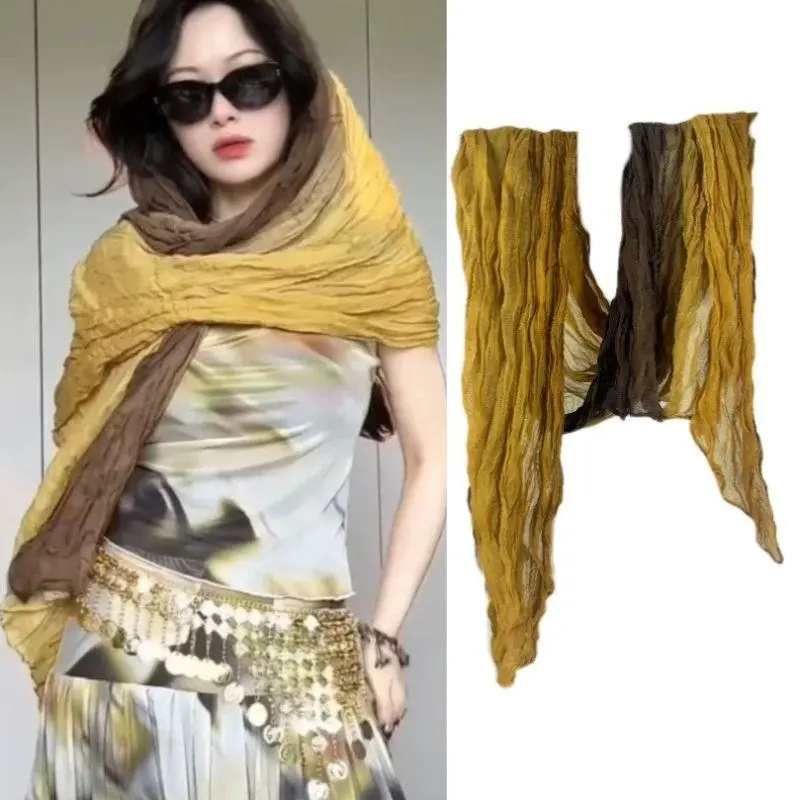 Hot Retro Scarf Cotton Hemp Tie-dye Gradient Shawl Spring Autumn Female Long Fold Scarf Twist Scarf Wrinkle Gradient Hijab Scarf