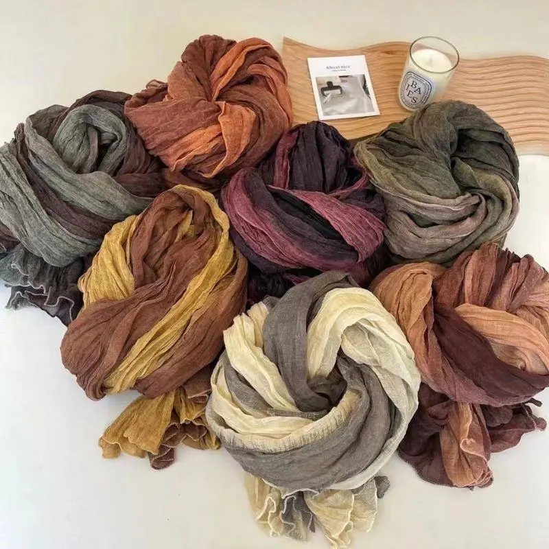Hot Retro Scarf Cotton Hemp Tie-dye Gradient Shawl Spring Autumn Female Long Fold Scarf Twist Scarf Wrinkle Gradient Hijab Scarf
