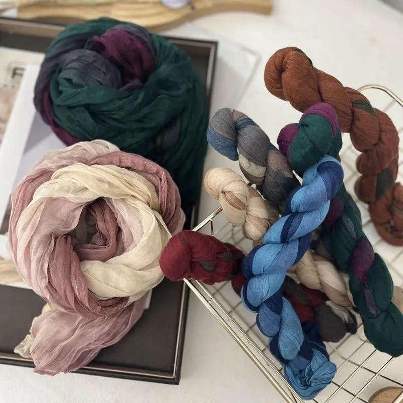 Hot Retro Scarf Cotton Hemp Tie-dye Gradient Shawl Spring Autumn Female Long Fold Scarf Twist Scarf Wrinkle Gradient Hijab Scarf