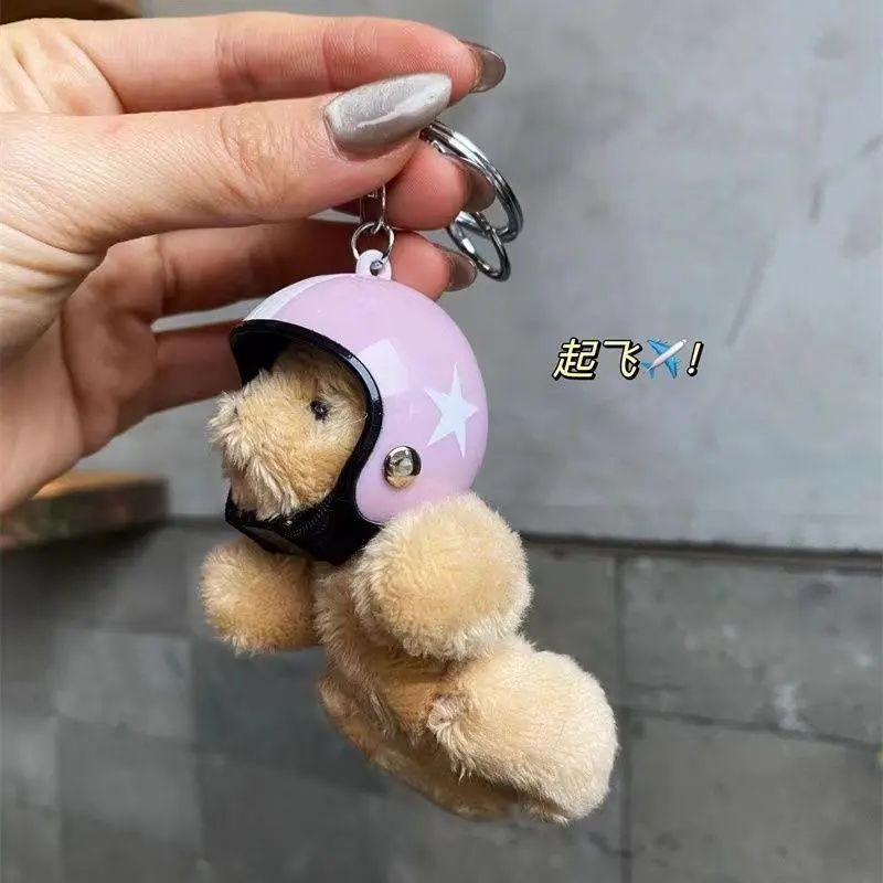 Lovely Helmeted Bear Charm Keychains Y2K Korean Plush Animal Toys Pendant Car Keyring Backpack Decoration Bag Charm Jewelry