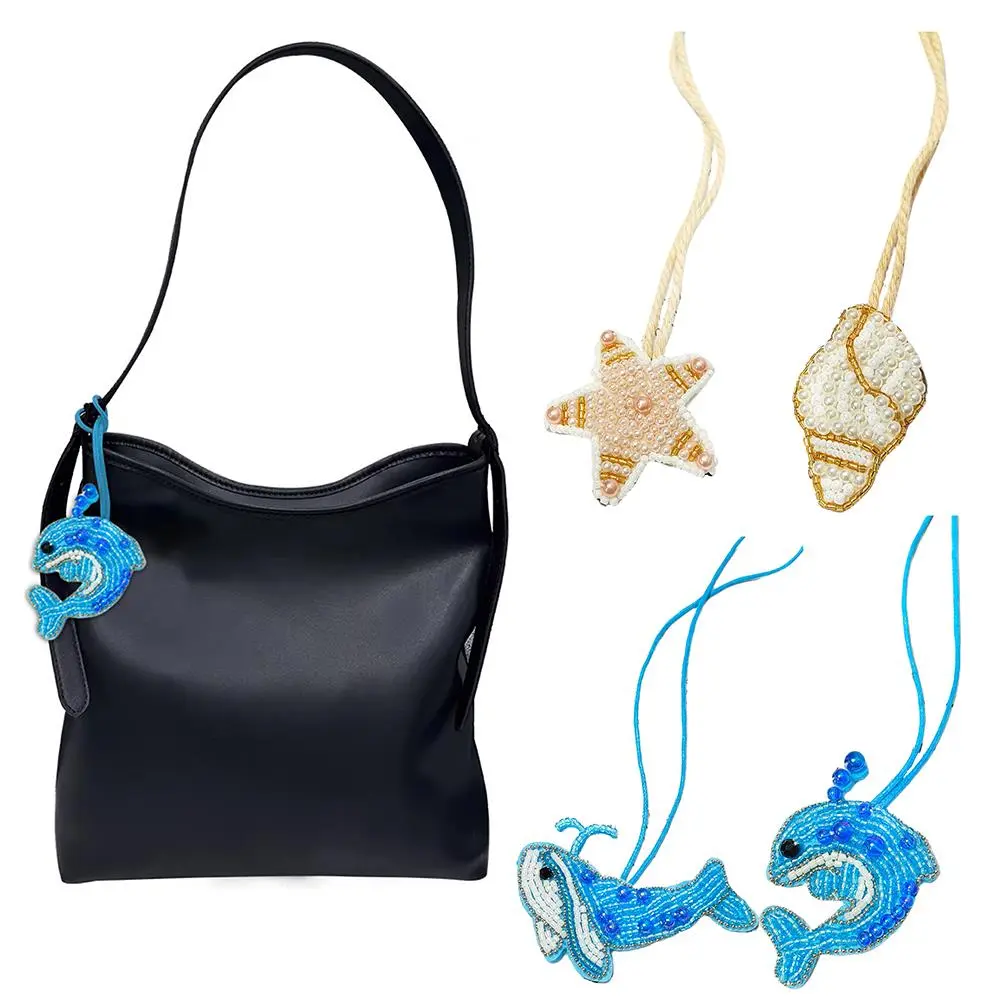3D Beaded Conch Shells Starfish Hanging Rope Keychain Bag Lanyard Handmade Rhinestone Bag Charms Patch Beading Applique Patch